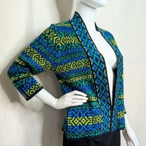 Navy, Blue, & Green Aztec Print Cropped Sleeve Open Style Cardigan Sweater